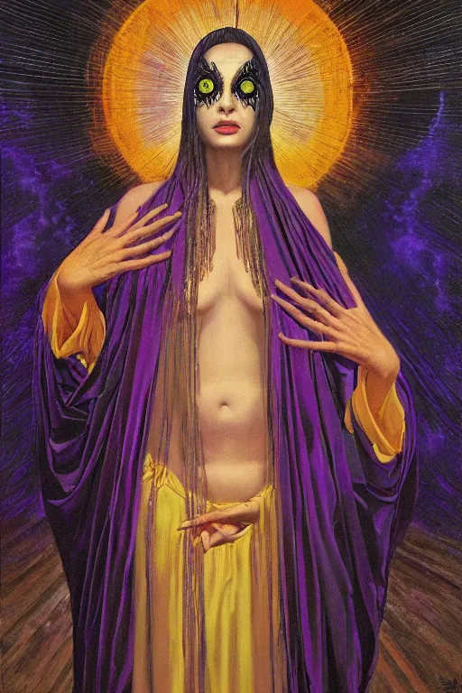 Image similar to gorgeous robed cult girl performing realism third eye ritual, dark theme night time, expanding energy into waves into the ethos, epic surrealism 8k oil painting, portrait, depth of field, perspective, high definition, post modernist layering, by Ernst Fuchs, Gerald Brom