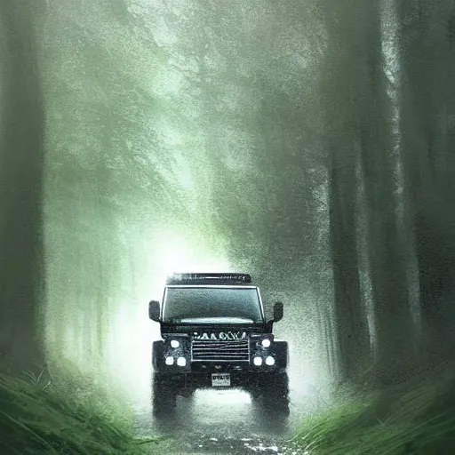 Image similar to a landrover crossing a forest path while its raining, digital art, artstation, photgraphy, highly detailed, digital painting, artstation, concept art, sharp focus, illustration, art by greg rutkowski and artgerm