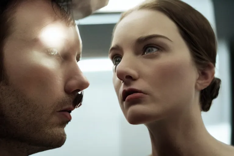 Image similar to movie closeup polar opposites, couple, researchers in a futuristic weapons lab, beautiful skin, Symmetrical faces. Beautiful lighting by Emmanuel Lubezki