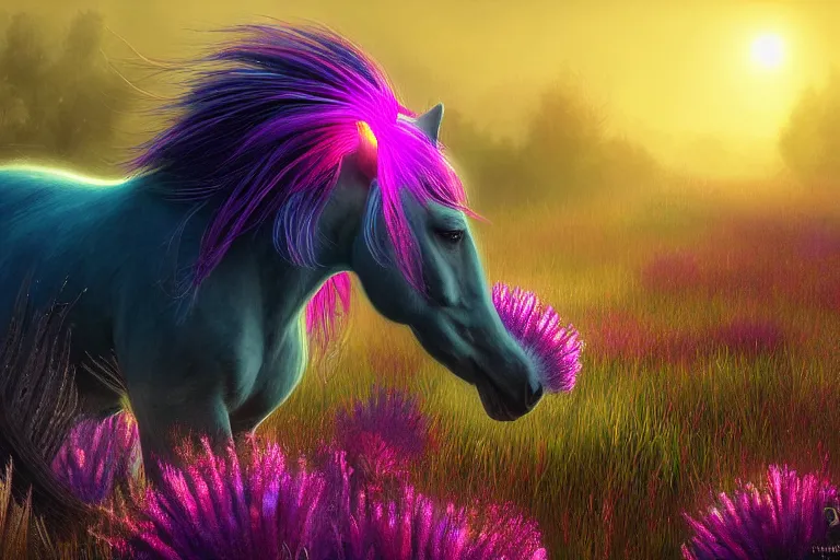 Prompt: a stunning digital painting of a flowerpunk horse with a mane of bioluminescent flowers running through a meadow by eddie mendoza, volumetric light, digital art, fine detail, photorealistic