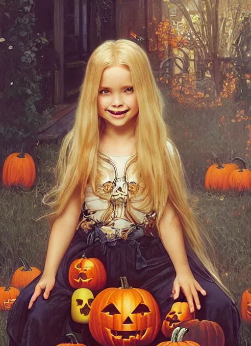 Image similar to a happy little girl with long straight golden blonde hair sitting amidst halloween decor, skulls and pumpkins. beautiful highly detailed face, beautiful painting by artgerm and greg rutkowski and alphonse mucha