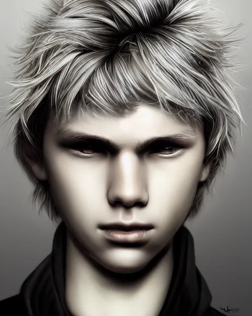 Image similar to portrait a 1 5 - year - old boy, with slender, white - blond hair, cold grey eyes, a pale complexion with sharp and pointed features, wearing black clothes, hyper realistic face, beautiful eyes, character art, art by mark brooks, hyperdetailed, cryengine, trending on artstation, digital art