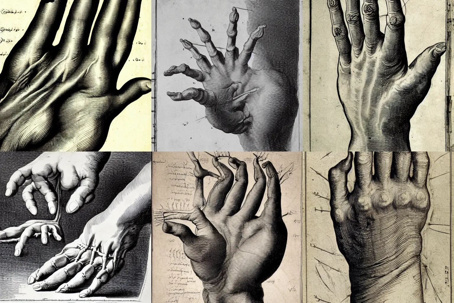 Prompt: Vesalius engraving, detailed diagram of the tendons and musculature of the hand, close up
