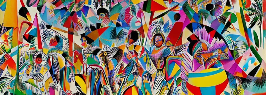 Image similar to party in jungles, girls with a slim figure in carnival skirts and guys in polygonal print shorts dance to the sound of ethnic drums, author zima blue, very elongated lines, wasily kandinsky, malevich, surrelialism, color splashes, grain