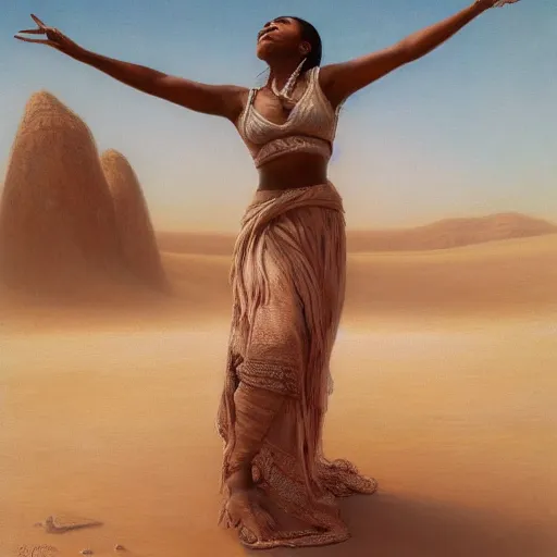 Image similar to artstation concept of a beautiful girl dancing in the desert, brown skin, sweaty skin, symmetrical face, casual white garment, white desert background, shiny colorful, hyperdetailed, artstation trending, world renowned artists, worth1000.com, historic artworks society, antique renewal, cgsociety, by greg rutkowski, by Gustave Doré, Deviantart