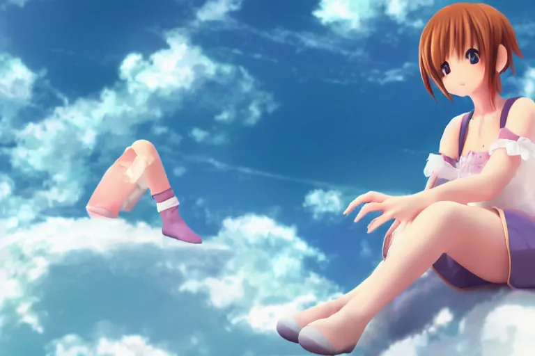 Prompt: a cute anime girl sitting on a cloud, blender render, anime,