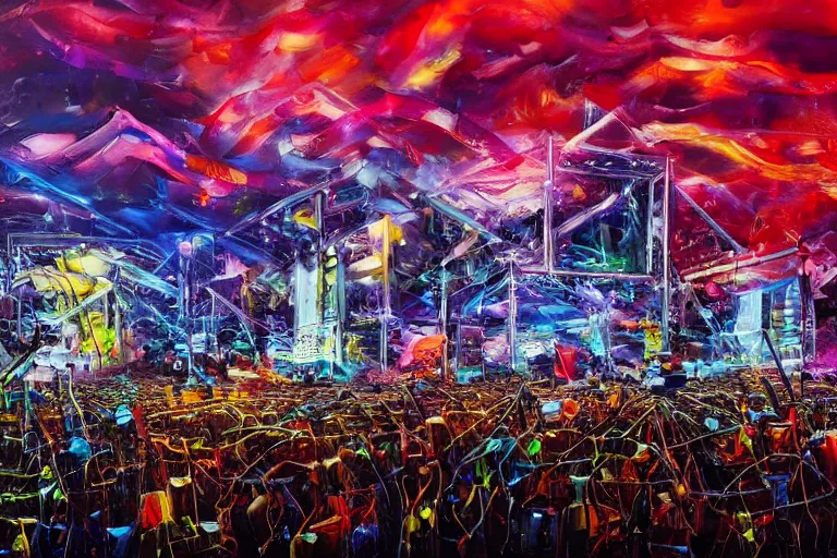 Image similar to 4 k hyper realistic oil painting of 2 0 0 0 s city at amn electronic music festival, rave, huge stage booming hard techno music, detailed painting in the style of walter douglas