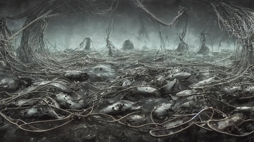 Image similar to Thousands of dead fish under water, fish hooks, seaweed, highly detailed, yuumei, Adam duff lucidpixul, natural lighting, dark atmosphere, digital painting, creepy and dark feelings, metal fishing hooks and nets everywhere, the background has a faded image of the earth