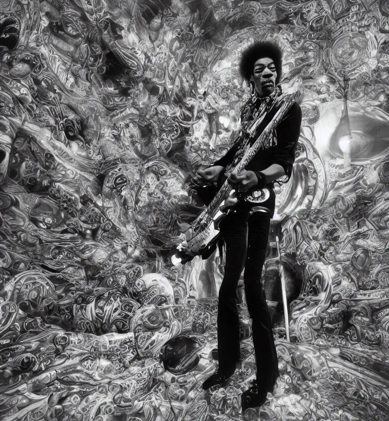 Image similar to biomorphic temple ultrawide angle photography, jimi hendrix full body shot, 8 k