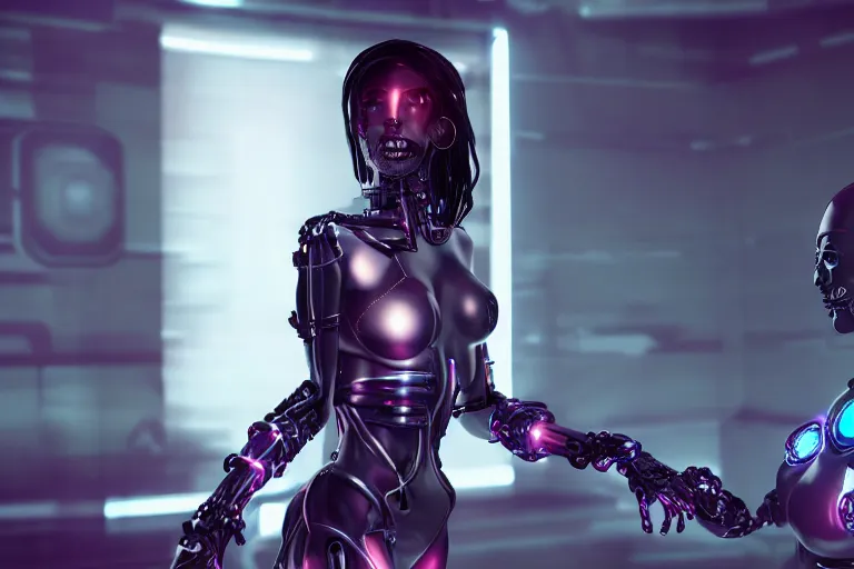 Prompt: cyberpunk cyborg woman concept inspired, futuristic look, highly detailed body, very powerful, photorealistic camera shot, bright studio setting, studio lighting, crisp quality and light reflections, unreal engine 5 quality render