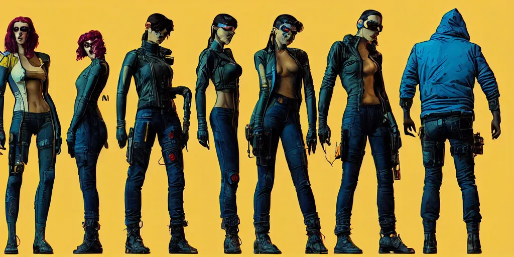 Image similar to cyberpunk heist crew. portrait by stonehouse and mœbius and will eisner and gil elvgren and pixar. character design. realistic proportions. dystopian. cyberpunk 2 0 7 7 character art, blade runner 2 0 4 9 concept art. cel shading. attractive face. thick lines. hi def 4 k. the team. detailed interesting characters. realistic expressive faces.