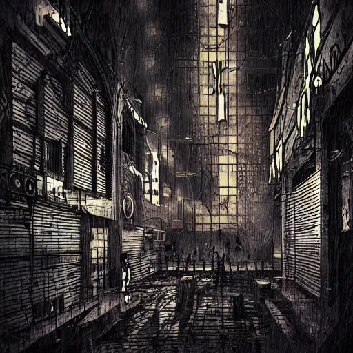 Image similar to The church of misery, cyberpunk, dark, digital art, night, scary, creepy