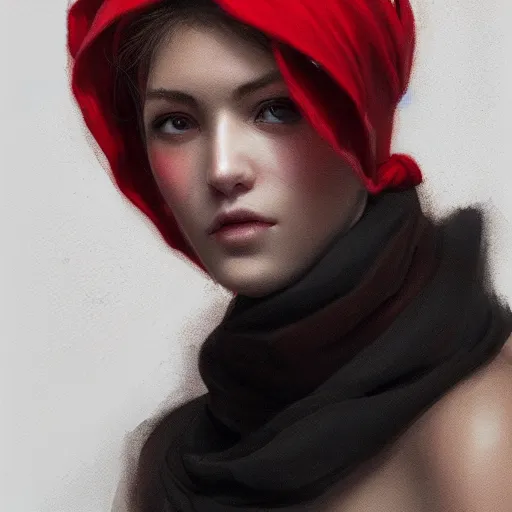 Image similar to human female portrait, red scarf, hatched ear, golden earring, white background, by horace hsu, tony sart, miles johnston, highly detailed, digital illustration, concept art, trending on artstation