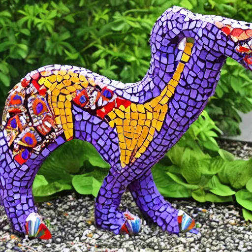 Prompt: mosaic sculpture of a alebrije chimera, irregularly shaped mosaic tiles, hand glazed pottery shards, in the style of folk art, in a cottagecore flower garden