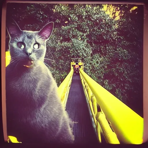 Image similar to black cat on a rollercoaster looping. focus on cats face. sunlight. polaroid photo. bright colors.