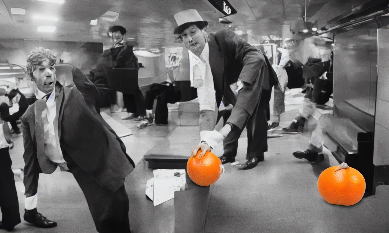 Prompt: garfield dressed as a ceo planting an orange in a subway, 3 5 mm photograph