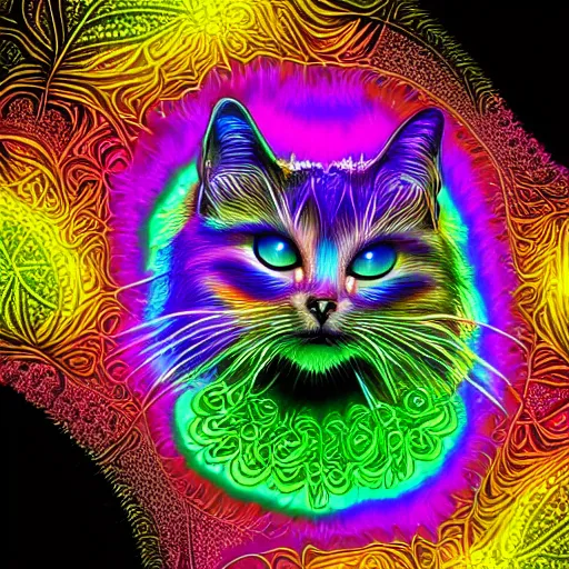 Prompt: concept character colorful fractal cute cat glowing luminescent detailed filigree on black background detailed