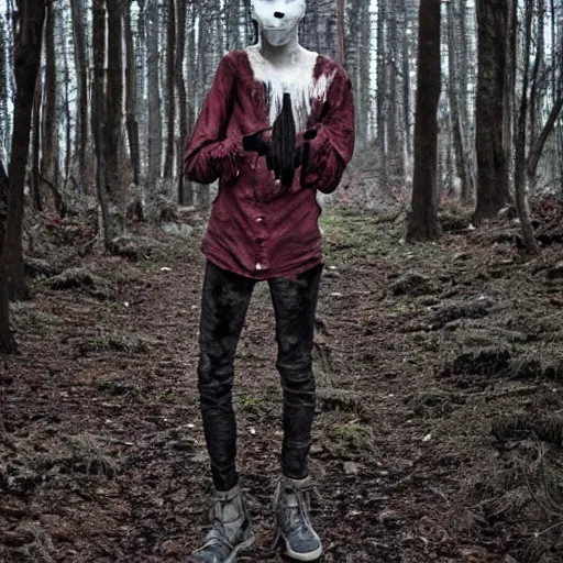 Image similar to blood soaked skinwalker, lanky, skinny, pale skin, snow, forest, dark, horrifying