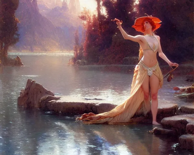Prompt: attractive wizard casting water spell in a beautiful lake. highly detailed painting by gaston bussiere, craig mullins, j. c. leyendecker 8 k
