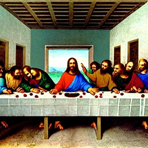 Image similar to The scene of the Last Supper of Jesus with the Twelve Apostles, the moment after Jesus announces that one of his apostles will betray him. Oil painting by Leonardo da Vinci, 1495.