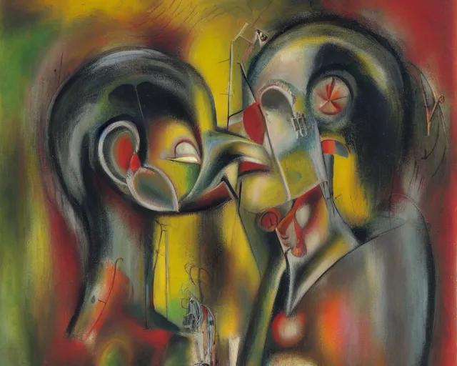 Image similar to Oil painting by Roberto Matta. Strange mechanical beings kissing. Portrait by Yoshitomo Nara.