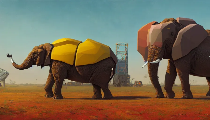 Prompt: an intricate oil painting of a giant south african armored elephant mecha by simon stalenhag, pink, yellow and cyan paint decals