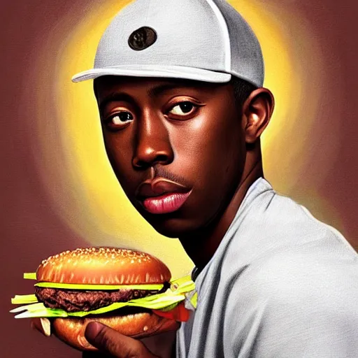 Image similar to portrait of tyler the creator eating hamburgers, extra onions and ketchup, luscious patty with sesame seeds, feminine ethereal, handsome, d & d, fantasy, intricate, elegant, highly detailed, digital painting, artstation, concept art, matte, sharp focus, illustration, art by artgerm and greg rutkowski and alphonse mucha