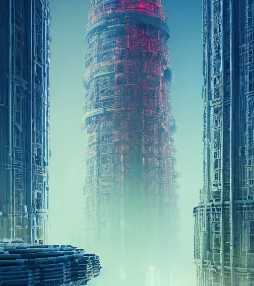 Image similar to colored, tarkovsky, majestic ancient tower of babylon city, a woman in cyber clothing, hyperrealistic, by ash thorp, full color, cyber architecture, intricate, corona render, concept art, hyper - detailed, smooth, masterpiece, epic, cinematic, high quality