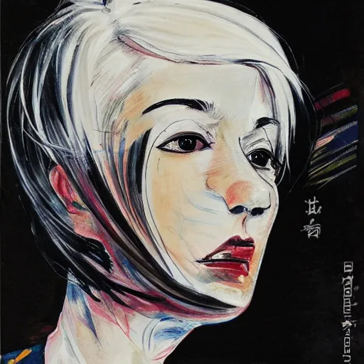 Image similar to Oil portrait with rough strokes in three quarter angle of a manga girl with white hair and black eyes wearing office suit in the style of Yoshitaka Amano drawn with expressive brush strokes and with the abstract floral black and white pattern in the background