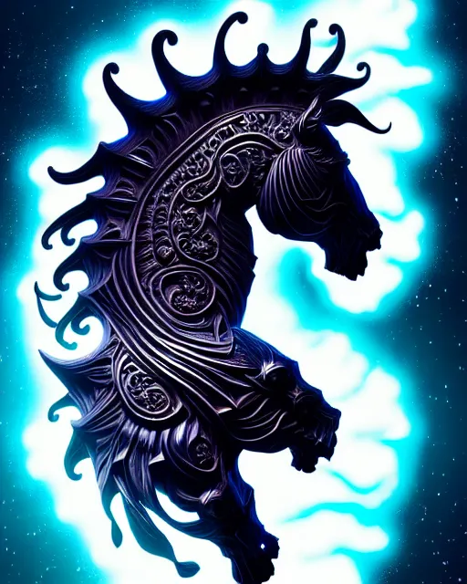 Image similar to 3 d ornate carved dark cosmic horse with profile portrait, sigma 5 0 0 mm f / 5. beautiful intricate highly detailed horse skull. bioluminescent, plasma, lava, ice, water, wind, creature, thunderstorm! artwork by tooth wu and wlop and beeple and greg rutkowski, 8 k trending on artstation