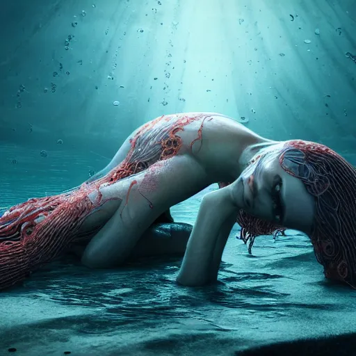 Prompt: beautiful, terrifying, demonic, female, with the body of a goddess, with parasitic tentacles crawling up her, in a underwater horror scene, photo realistic, dramatic cinematic lighting, octane render, 4k, ultra detailed