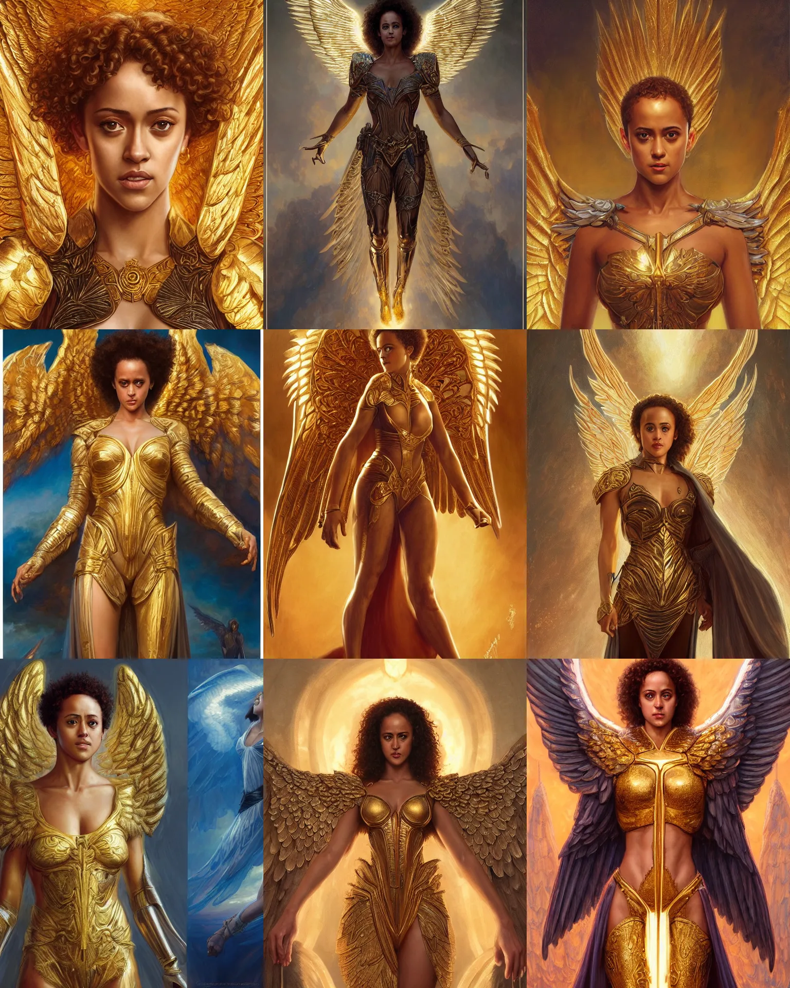 Prompt: nathalie emmanuel as azrael wings made of gold wearing angelic sandals, cover page very intricate | cinematic lighting | award - winning | closeup portrait | by donato giancola and mandy jurgens and charlie bowater | featured on artstation