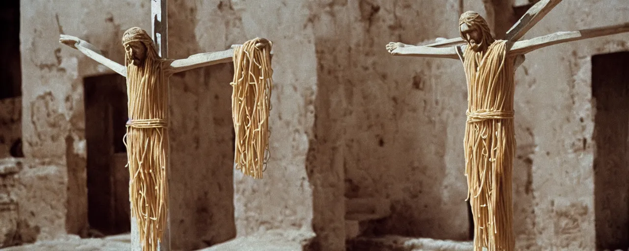 Image similar to jesus on a cross made of spaghetti, ancient rome, architectural, minimal, canon 5 0 mm, wes anderson film, kodachrome