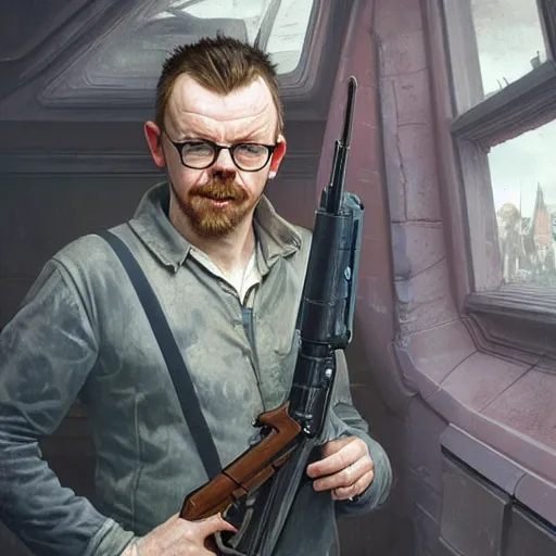 Image similar to portrait painting of joyful simon pegg with a winchester, ultra realistic, concept art, intricate details, eerie, highly detailed, photorealistic, octane render, 8 k, unreal engine. art by artgerm and greg rutkowski and alphonse mucha