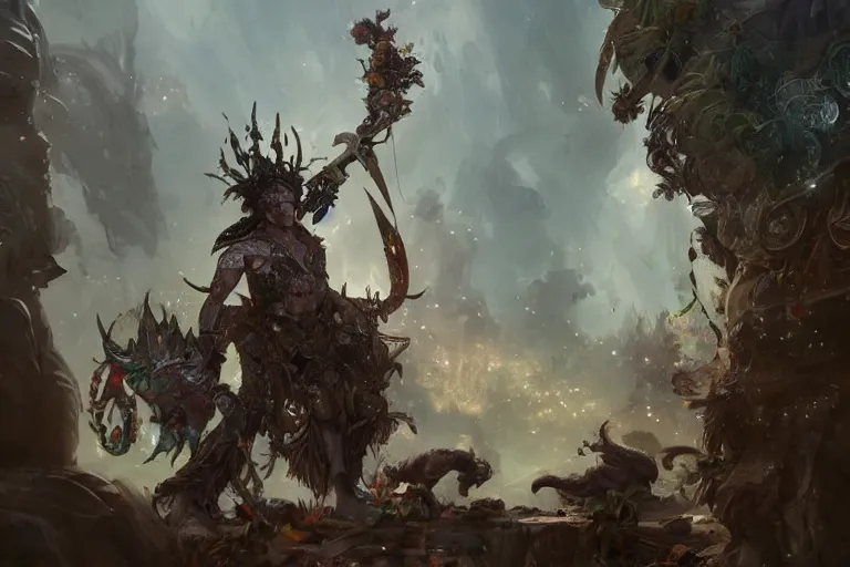 Prompt: a muscular tunesian man wearing plants as armor fighting a fluffy cat wearing a crown and cape wielding a scepter, fantasy, digital painting, volumetric light, intricate, sharp, focus, bloom, illustration, highly detailed, concept art, matte, ruan jia, randy vargas, greg rutkowski