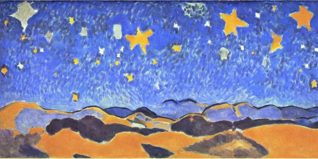 Prompt: desert with sky with stars by henri matisse, cinematic, highly detailed wide, atmospheric lighting