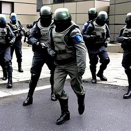 Image similar to spetsnaz arresting an extraterrestrial grey xfiles alien reticulan