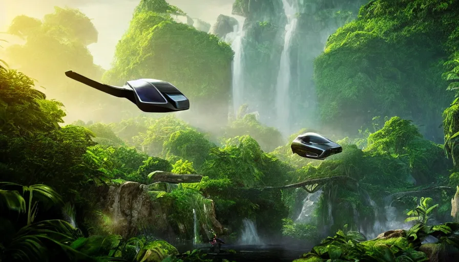 Image similar to a distant futuristic scifi flying car floating in a prehistoric jungle cave, lush flora, waterfall, sunset, hazy, volumetric lighting, rtx on, photorealistic render, great composition, very detailed