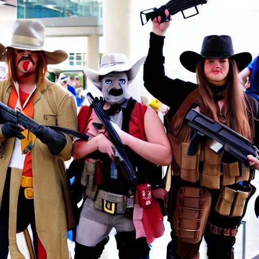 Prompt: gunfight at comicon cosplay