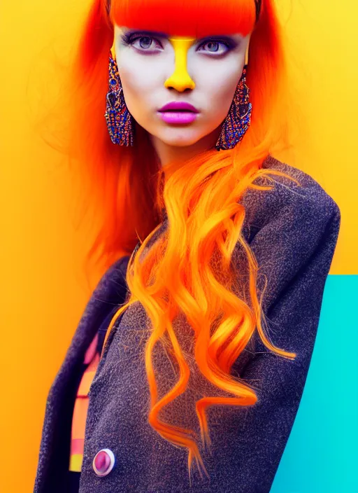 Prompt: coat for a rave,Orange hairstyle, earrings, bright soft colors, soft yellow background, many details, prints, photo for a magazine, photo for a store, fashion photography, Vogue, 135 mm, cinematic, hyper realism, high detail, octane render, 8k, chrome accents, very coherent symmetrical artwork, perfect face model, Soft light, Reduced contrast