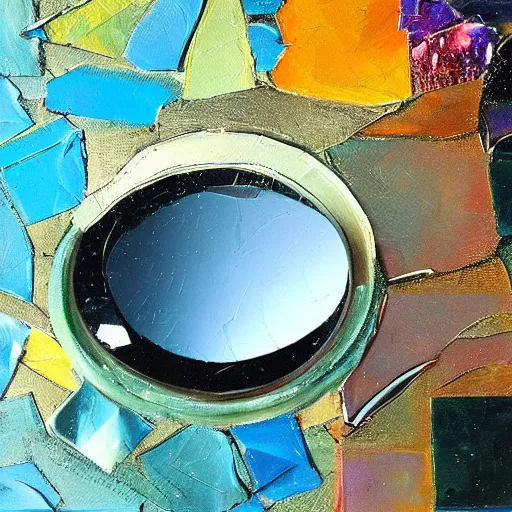 Prompt: camera taking a picture of its own broken lens through a mirror, broken shattered glass, broken shattered mirror, hyper realistic painting, impasto by Angela Moulton, high quality reflections, award winning impasto painting