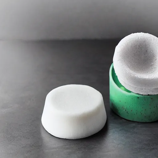 Prompt: a round soap as a head, the soap is standing in front of a mirror