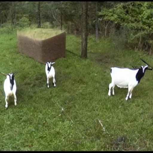 Image similar to trailcam footage of goats conducting a seance