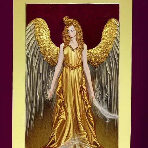 Prompt: tall female angel, flowing robes, ornate golden armor, WLOP