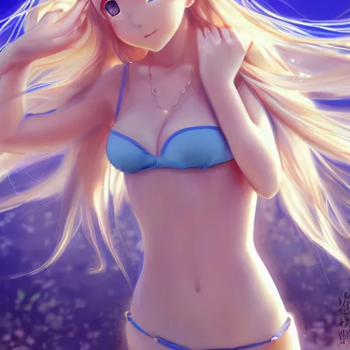 Image similar to a very beautiful young anime flower girl, full body, long wavy blond hair, sky blue eyes, full round face,, bikini, miniskirt, front view, mid - shot, highly detailed, cinematic wallpaper by stanley artgerm lau