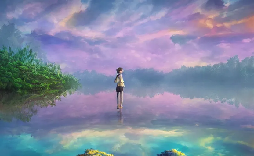Prompt: a beautiful art of lake in foregraund and rainbow colored sky on background by Miyazaki Nausicaa Ghibli, 8K, hyper detailed, 20K, realistic, product lighting, by onesal, by sixnfive , behance 3d , studio photography DSLR, Photoreal epic composition