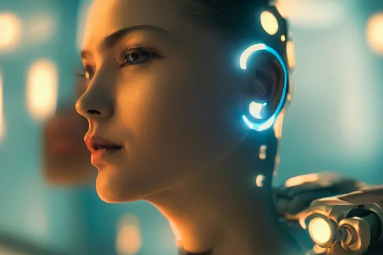 Image similar to VFX movie of a futuristic robot closeup portrait in living room, beautiful natural skin neon lighting by Emmanuel Lubezki