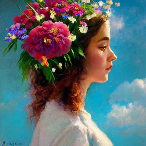 Image similar to a portrait of a romantic woman with flowers grow out of hair, roses peonies forget-me-nots dahlias lupins gladioli, sky theme in background, by Alexandr Averin, Digital Art, Trending on artstation