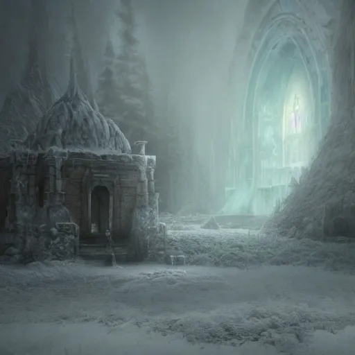 Prompt: 3d rendering of fantasy frozen abandoned temple, foggy atmosphere, volumetric lighting, fantasy artwork, very beautiful scenery, very realistic painting effect, hd, hdr, unreal engine 5, cinematic 4k wallpaper, 8k, ultra detailed, high resolution, artstation