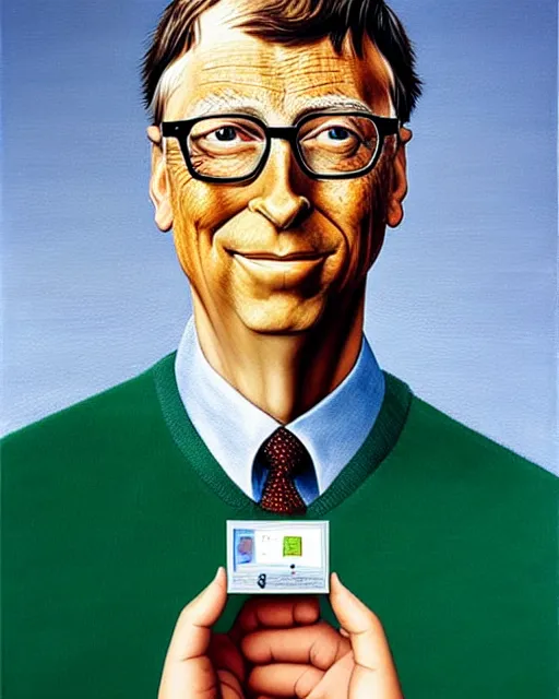 Image similar to a realistic detailed portrait of bill gates eating a microchip, painting by magritte